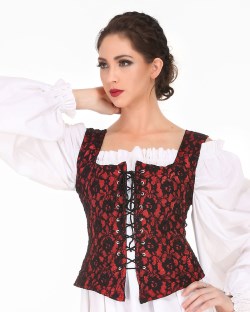 Goth bodice in red satin with black lace overlay.