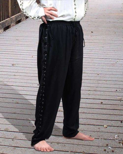 Medieval Lace-up Pants have metal eyelets and laces along the full length of both legs for a custom fit. Black only.