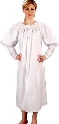 Ren Chemise in white only, bell sleeves with elastic at elbow taper to tight, buttoned elbow-length cuffs. White only.