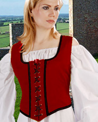 Reversible wench bodice decorated in contrasting color braid, red with black trim reverses to black with gold trim.  Many other color choices.