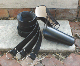 Medieval Ring belts and arm bracers, black leather.