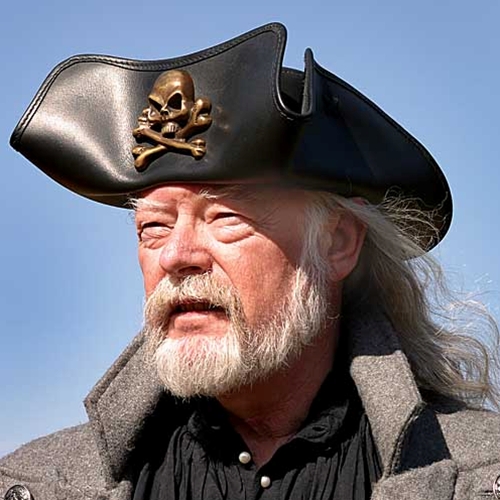 Pirate hat, black leather with skull & crossbones emblem.