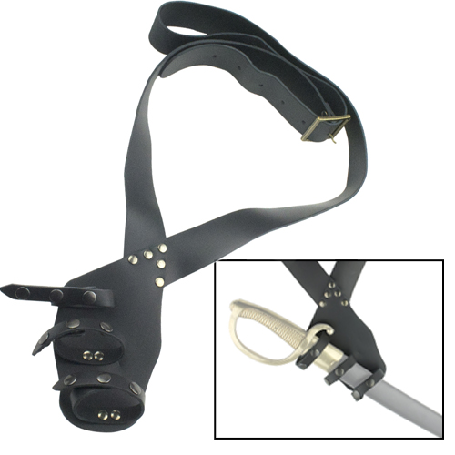 Adjustable over-shoulder sword belt, black leather.